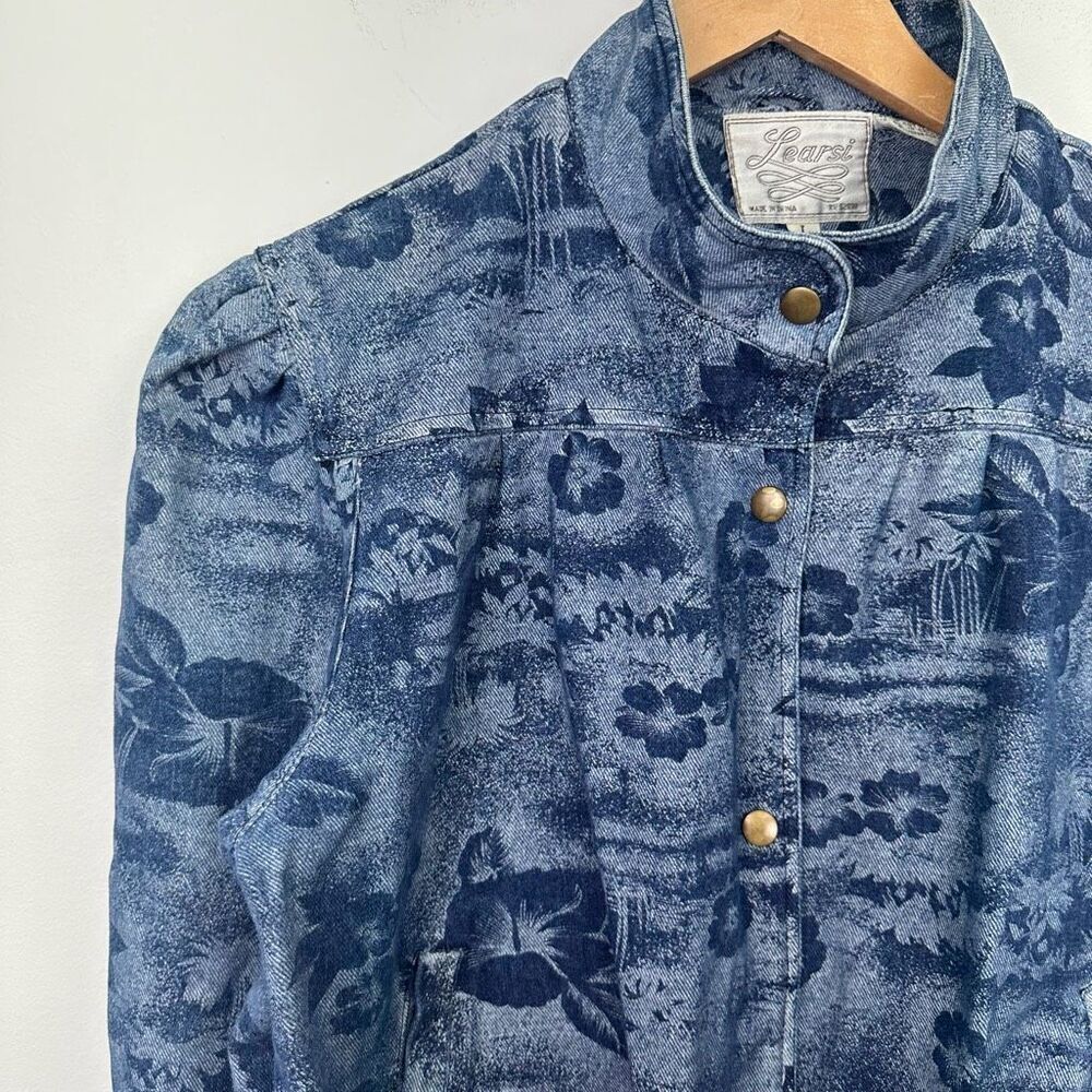 Learsi Women’s Vintage Hawaiian Hibiscus Floral Puff Sleeve Snap Jean Jacket - Picture 5 of 11
